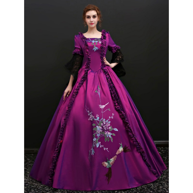 Victorian Dress Costume Women's Purple Lace Ruffles Flowers Dress ROCOCO Style Marie Antoinette Trumpet Long Sleeves Square Neckline Victorian Era Clothing Century Costume Halloween Royal