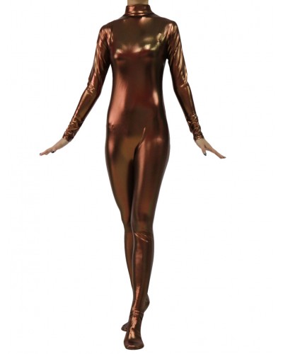 Women Dark Brown Bodysuit Adults Shiny Metallic Catsuit For Leotard