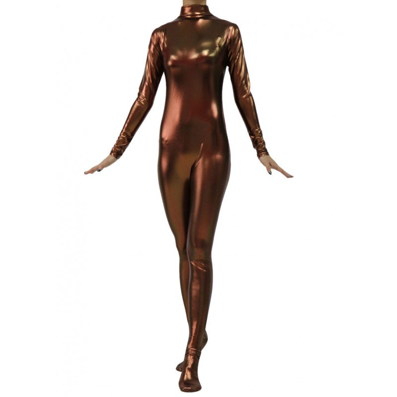 Women Dark Brown Bodysuit Adults Shiny Metallic Catsuit For Leotard