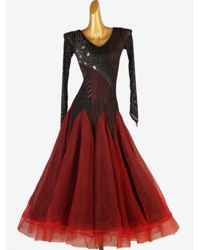 Women Ballroom Dance Costumes Black Red 's Elegant Lycra Spandex Dress Rhinestones Dance Dress