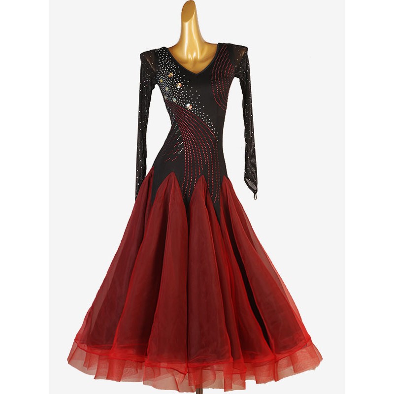 Women Ballroom Dance Costumes Black Red 's Elegant Lycra Spandex Dress Rhinestones Dance Dress