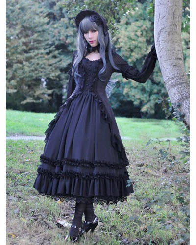 Classical Gothic Lolita JSK Dress Lace Trim Ruffle Pleated Cotton Black Lolita Jumper Skirt Classic  Traditional Spring Fall Tea Party