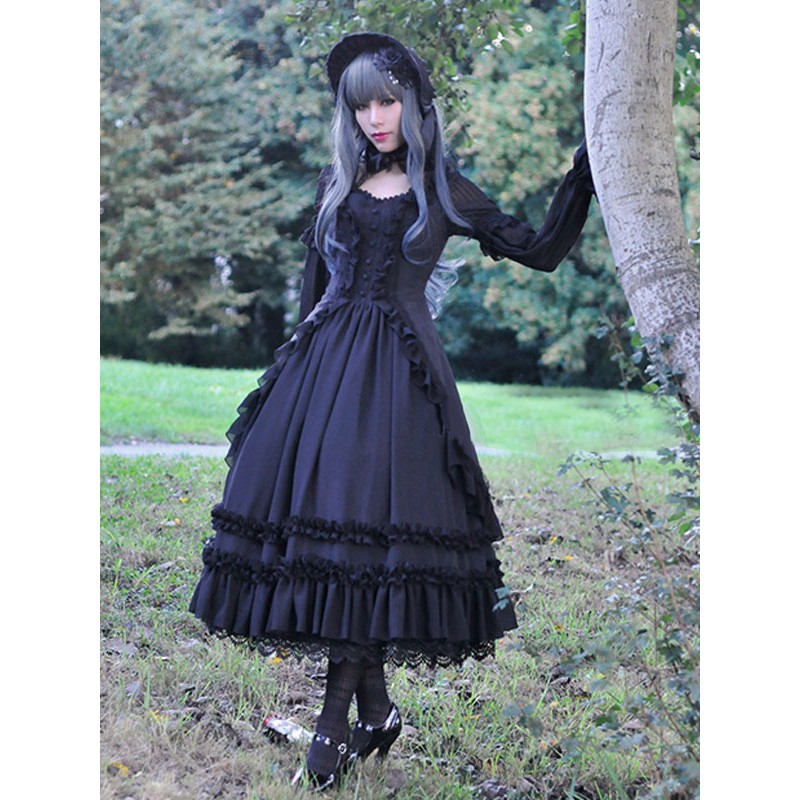 Classical Gothic Lolita JSK Dress Lace Trim Ruffle Pleated Cotton Black Lolita Jumper Skirt Classic  Traditional Spring Fall Tea Party