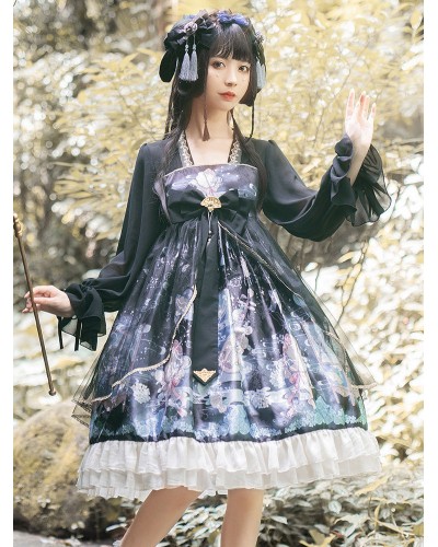 Sweet Lolita OP Dress Neverland Floral Print Teal Ruffles Black Lolita One Piece Dresses Chinese Style Spring Summer Daily Casual Tea Party