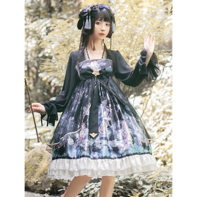 Sweet Lolita OP Dress Neverland Floral Print Teal Ruffles Black Lolita One Piece Dresses Chinese Style Spring Summer Daily Casual Tea Party