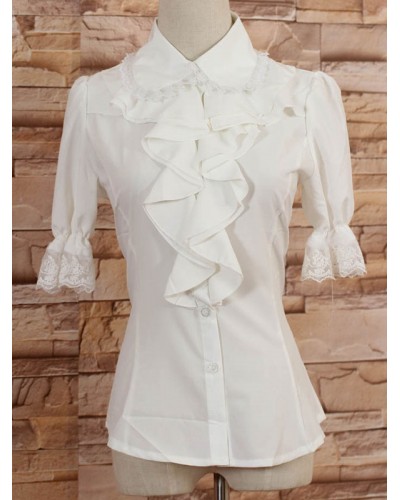 White Middle Sleeves Lolita Blouse With Lapel And Ruffles Daily Casual