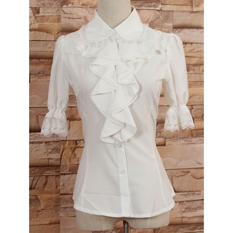 White Middle Sleeves Lolita Blouse With Lapel And Ruffles Daily Casual