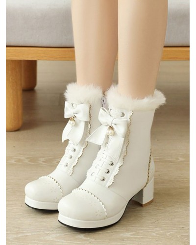 Lolita Ankle White PU Leather Bows Round Toe Lolita Footwear Sweet Lolita Boots