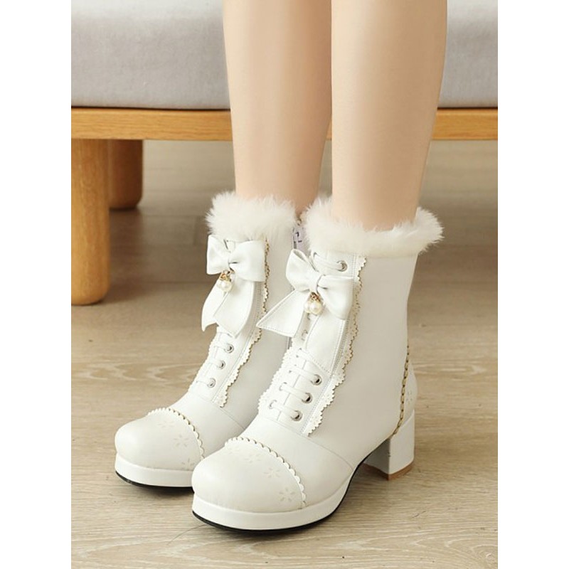 Lolita Ankle White PU Leather Bows Round Toe Lolita Footwear Sweet Lolita Boots