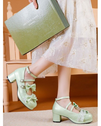 Sweet Lolita Footwear Light Green Bows Round Toe PU Leather Lolita Pumps