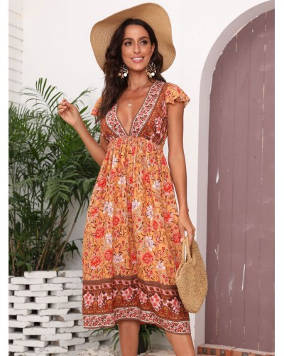 Dress V-Neck Printed Orange Short Dress Summer Beach Resort Wear