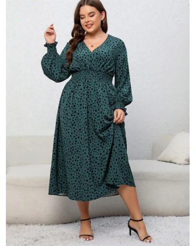 Plus Size Dress For Women V-Neck Long Sleeves Printed Polyester Pleated Medium One Piece Dress Casual Street Wear Daily Casual