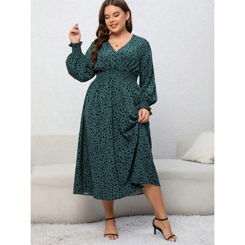 Plus Size Dress For Women V-Neck Long Sleeves Printed Polyester Pleated Medium One Piece Dress Casual Street Wear Daily Casual