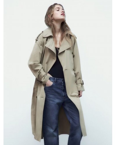 Women Trench Coat Khaki Turndown Collar Long Sleeves Outerwear Trench Coats Spring Fall Street Wear Daily Casual Field