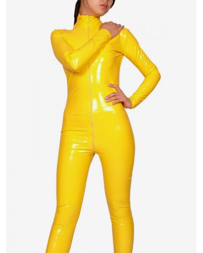 Unisex Yellow Long Sleeves PVC Shiny Metallic Fabric Catsuit Front Zipper Body Suit Solid