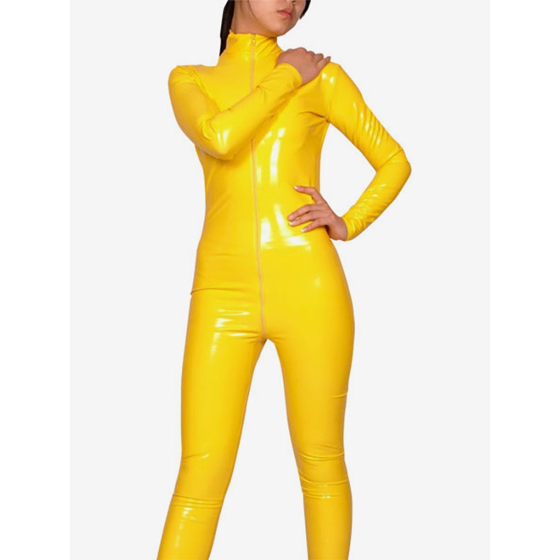 Unisex Yellow Long Sleeves PVC Shiny Metallic Fabric Catsuit Front Zipper Body Suit Solid