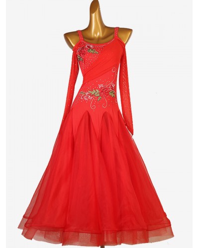 Women Ballroom Dance Costumes Ture Red 's Elegant Lycra Spandex Embroidered Rhinestones Dress Dance Dress