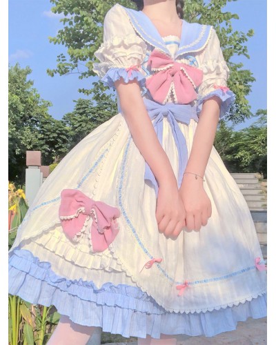 Sweet Lolita Dress Polyester Short Sleeves Dress Navy Style Lolita Dress