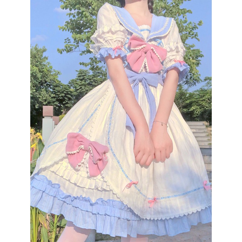 Sweet Lolita Dress Polyester Short Sleeves Dress Navy Style Lolita Dress