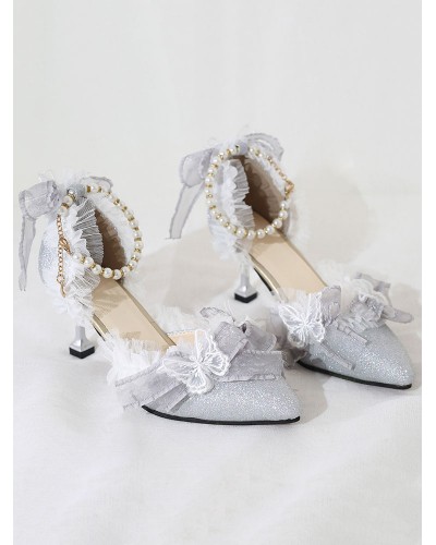 Sweet Lolita Ankle Strap Heel Butterfly Pattern Lace Butterfly Pearls Pointed Toe Monogram Suede Sliver Lolita Shoes Daily Casual