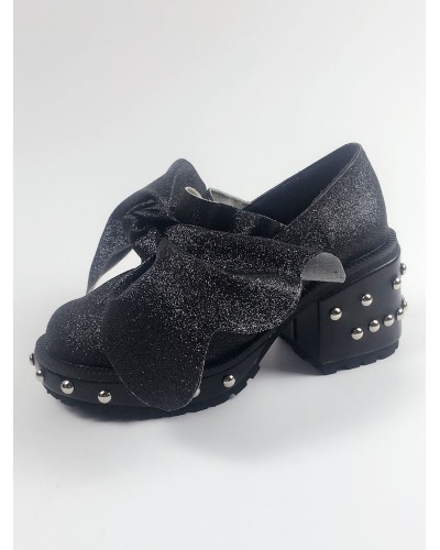 Black Lolita Shoes Round Toe Puppy Heel Bows Rivets Lolita Pumps Daily Casual