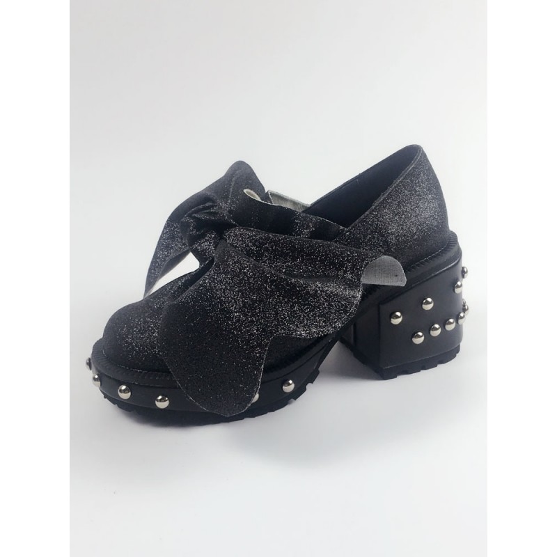 Black Lolita Shoes Round Toe Puppy Heel Bows Rivets Lolita Pumps Daily Casual