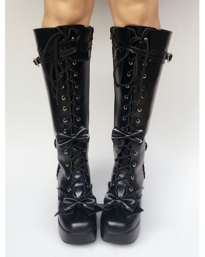 Black Lolita Boots Knee High Chunky Heel Lace Up Platform Buckle Lolita High Boots With Detachable Bow