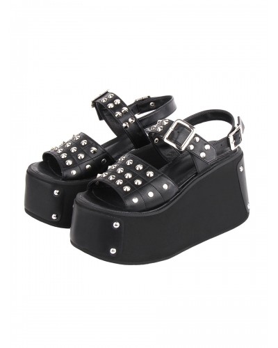 Gothic Lolita Sandals Black Rivets PU Leather Round Toe Lolita Summer Shoes