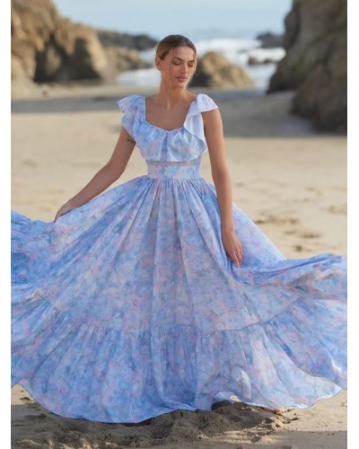 Floral Dress Short Sleeves Pleated Long Dress Maxi Summer