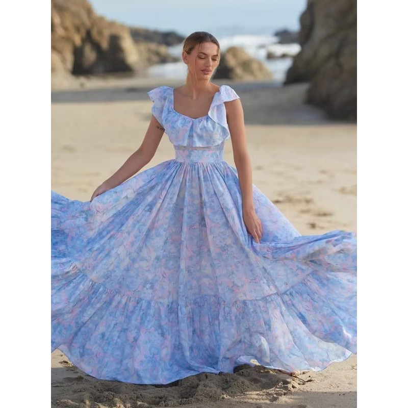 Floral Dress Short Sleeves Pleated Long Dress Maxi Summer