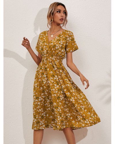 Women Midi Dress V-Neck Short Sleeves Floral Printed Chic Dress Chic  Modern Summer