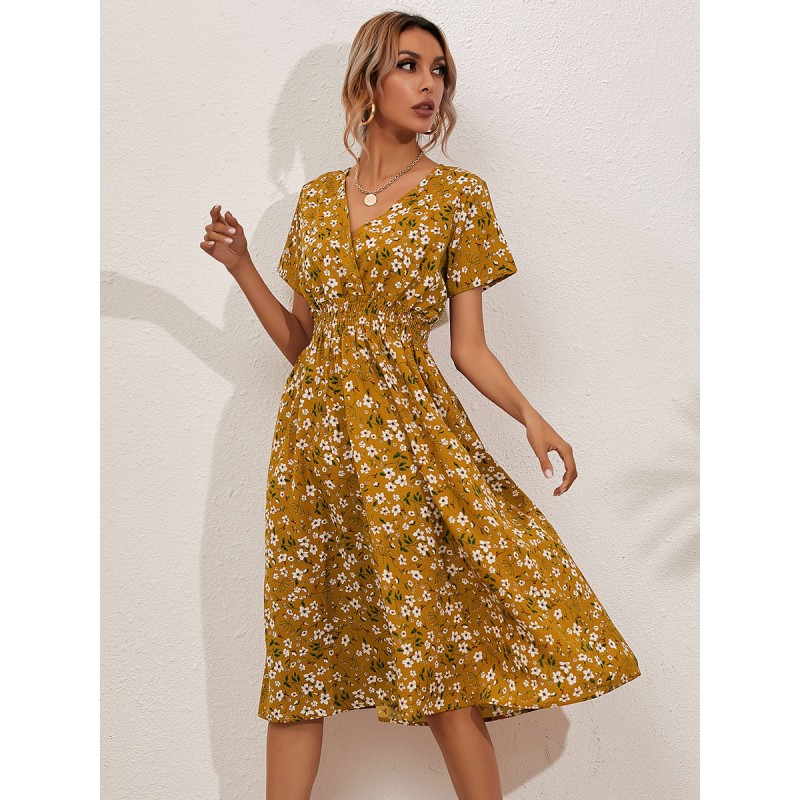 Women Midi Dress V-Neck Short Sleeves Floral Printed Chic Dress Chic  Modern Summer