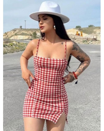 Women Dresses Black Plaid Sleeveless Sexy Straps Neck Backless Body-conscious Sheath Dress Bodycon Spring Summer Fall