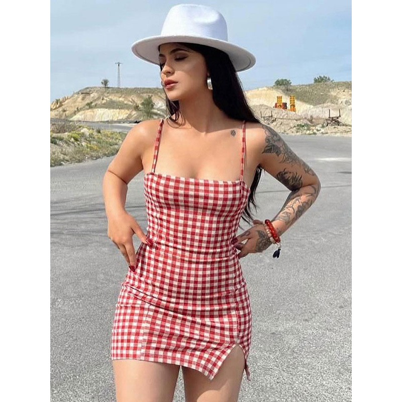 Women Dresses Black Plaid Sleeveless Sexy Straps Neck Backless Body-conscious Sheath Dress Bodycon Spring Summer Fall