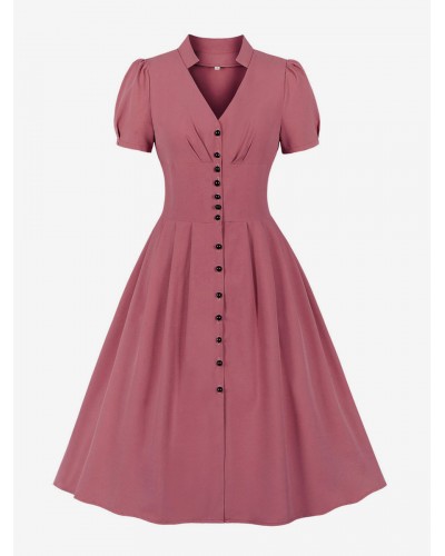 Dress 1950s Audrey Hepburn Style Pink Woman Short Sleeves V-Neck Swing Dress Bodycon Retro Summer