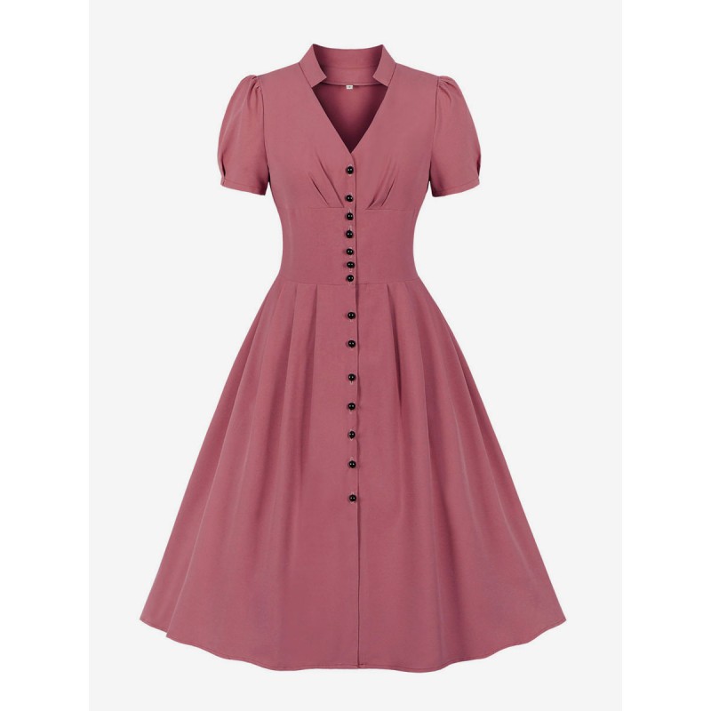 Dress 1950s Audrey Hepburn Style Pink Woman Short Sleeves V-Neck Swing Dress Bodycon Retro Summer