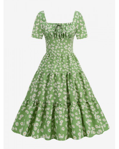 Women Retro Dress 1950s Audrey Hepburn Style Green Printed Short Sleeves Square Neck Swing Dress Vintage Daily Casual Field