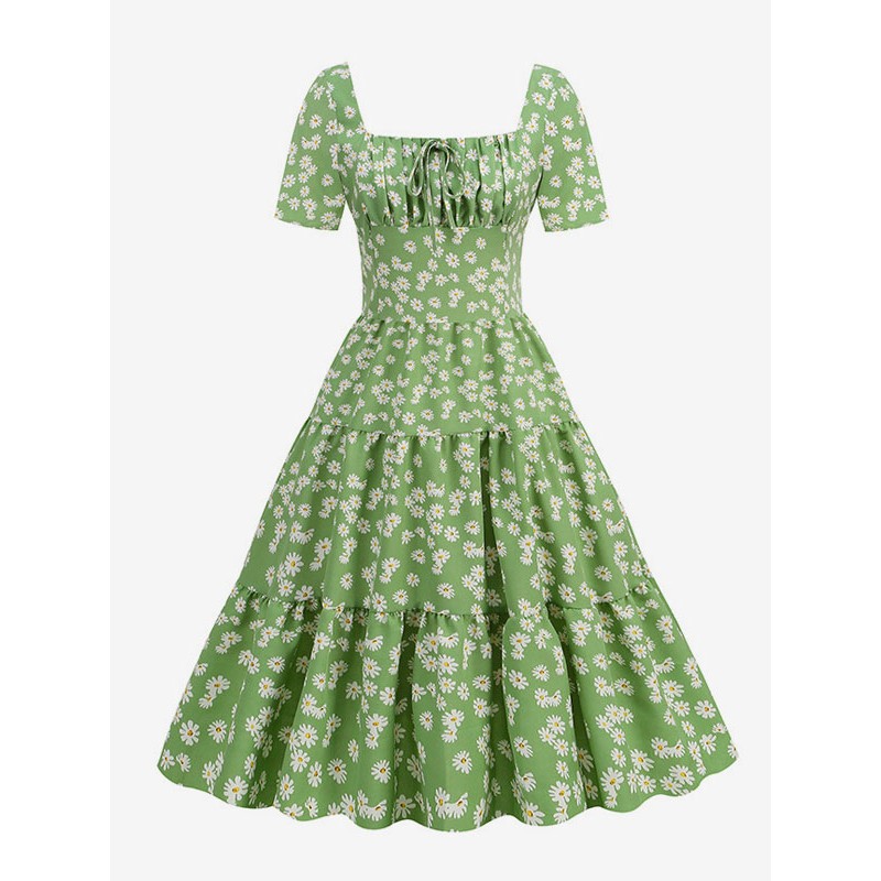 Women Retro Dress 1950s Audrey Hepburn Style Green Printed Short Sleeves Square Neck Swing Dress Vintage Daily Casual Field