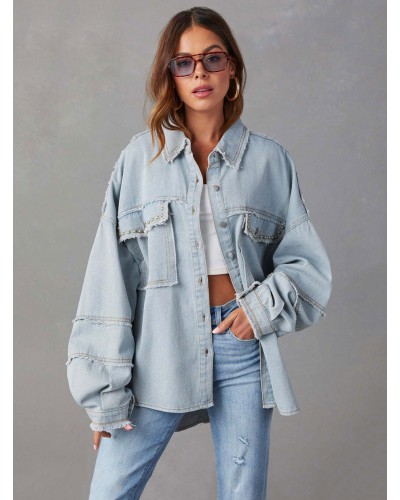 Women 's Jackets Frayed Turndown Collar Flap Pockets Outfits Denim Jacket Spring Fall Street Wear Daily Casual