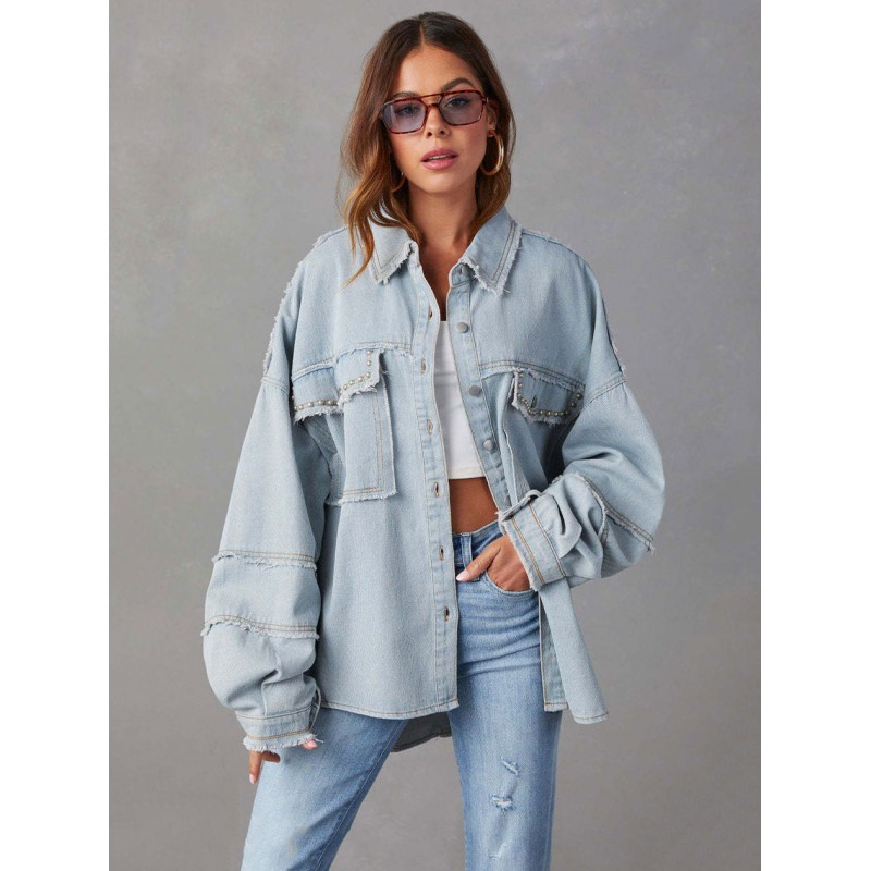 Women 's Jackets Frayed Turndown Collar Flap Pockets Outfits Denim Jacket Spring Fall Street Wear Daily Casual