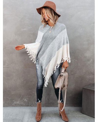 Women 's Poncho V-Neck Grey Layered Fringe Cape Spring Outerwear Casual Field