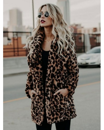 Faux Fur Coats Leopard Long Sleeves Leopard Print Oversized Winter Coat Casual