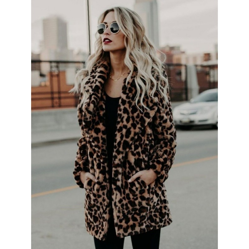 Faux Fur Coats Leopard Long Sleeves Leopard Print Oversized Winter Coat Casual