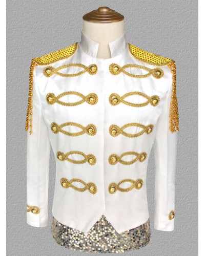 Men White Top Polyester Sequins Chains Long Sleeves Retro Costumes For Man Tops Vintage Royal