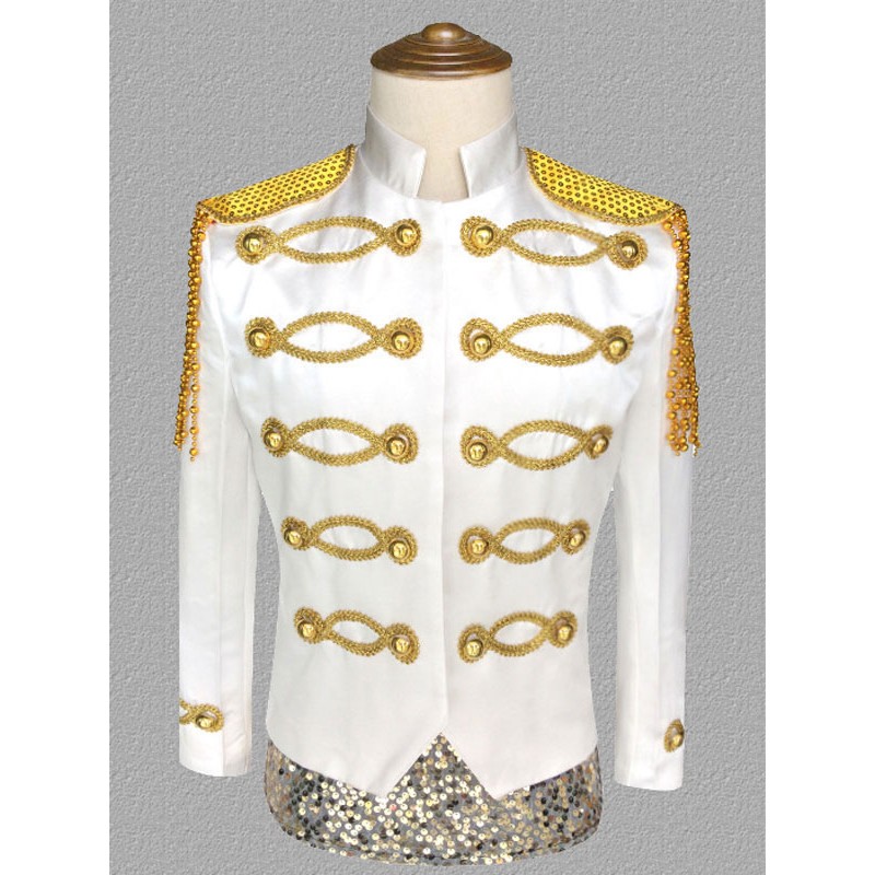 Men White Top Polyester Sequins Chains Long Sleeves Retro Costumes For Man Tops Vintage Royal