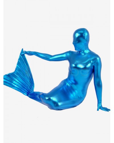 Unisex Halloween Blue Mermaid Style Shiny Metallic Zentai Suit