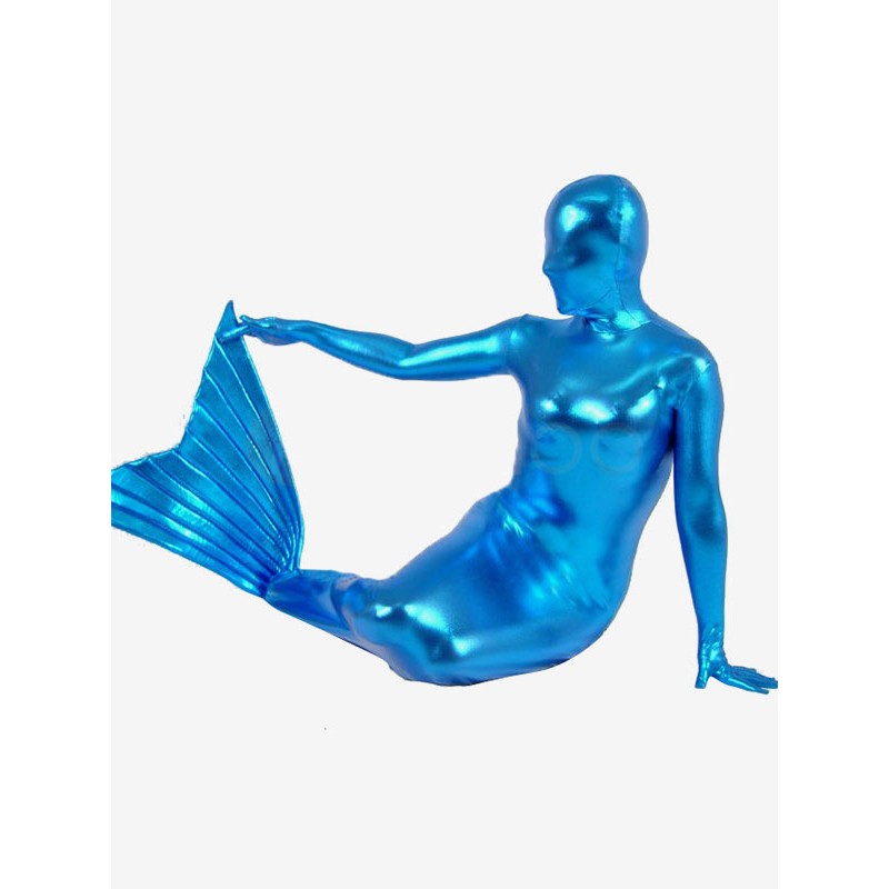 Unisex Halloween Blue Mermaid Style Shiny Metallic Zentai Suit