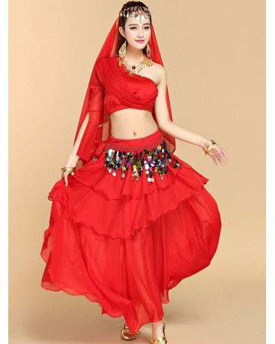 Belly Dance Costumes Sequins Ruffles One Shoulder Top Women Dancing Wear Performance