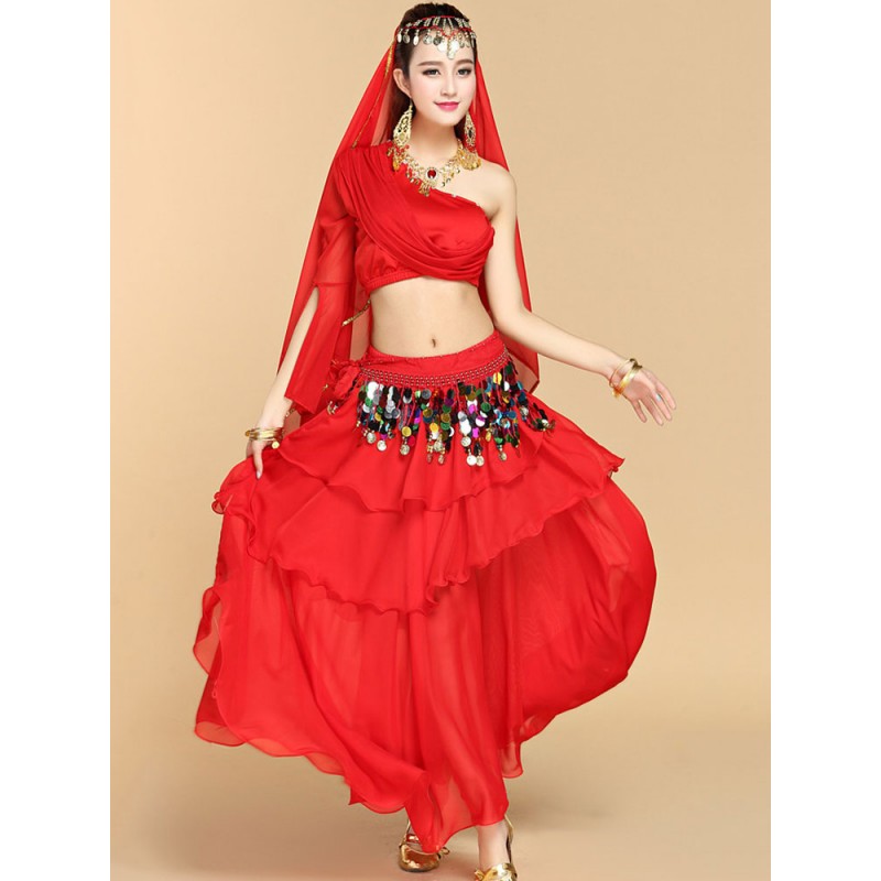 Belly Dance Costumes Sequins Ruffles One Shoulder Top Women Dancing Wear Performance