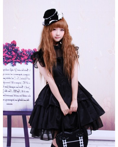 Rayon Yarn Black Lolita OP Dress With Ruffles Waist Belt Gothic Classic  Traditional Summer Tea Party